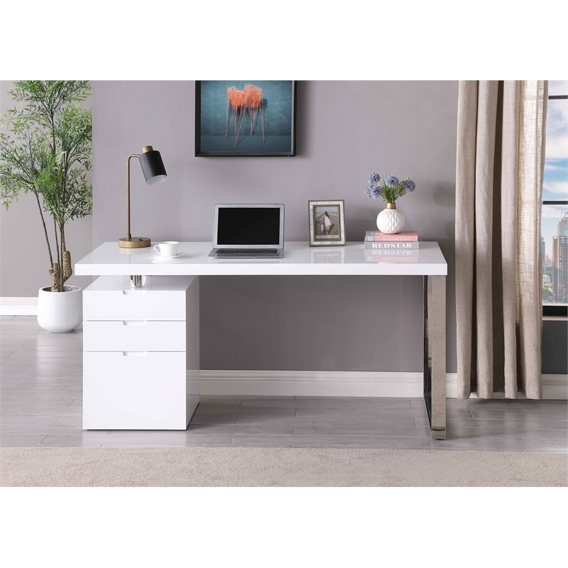 Milan Rotatable White Home Office Desk with Wooden Top & 3-Drawer Cabinet