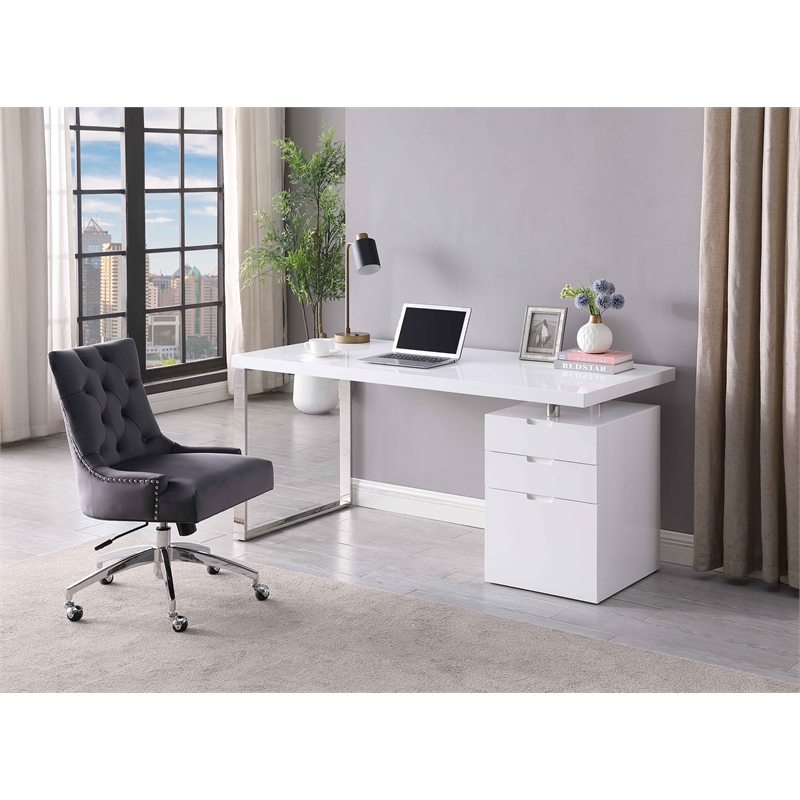 Milan Rotatable White Home Office Desk with Wooden Top & 3-Drawer Cabinet