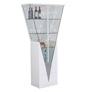 milan kamila white triangular glass curio with drawers & led lights