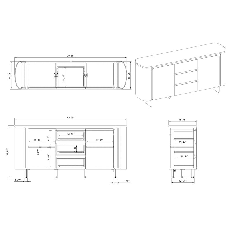 Milan Ethan Walnut Brown Modern All-wood Buffet with 2 Shelves & 3 Drawers