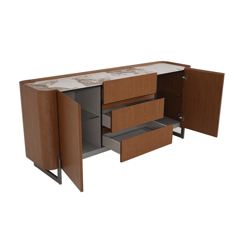Milan Runa Walnut Brown Modern 2-Door Wood Buffet with Ceramic Top & Steel Legs