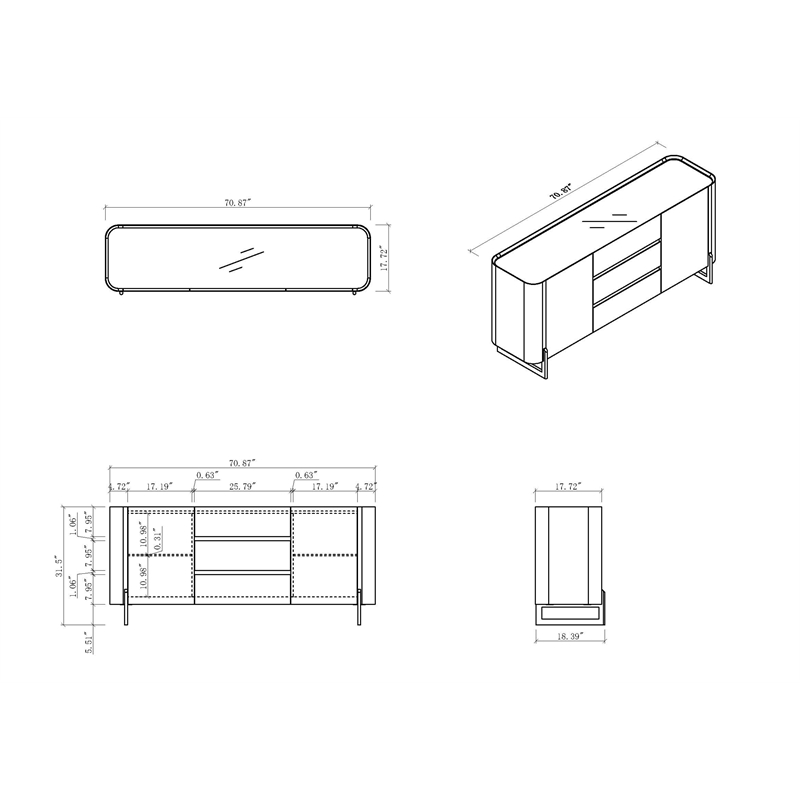 Milan Runa Walnut Brown Modern 2-Door Wood Buffet with Ceramic Top & Steel Legs