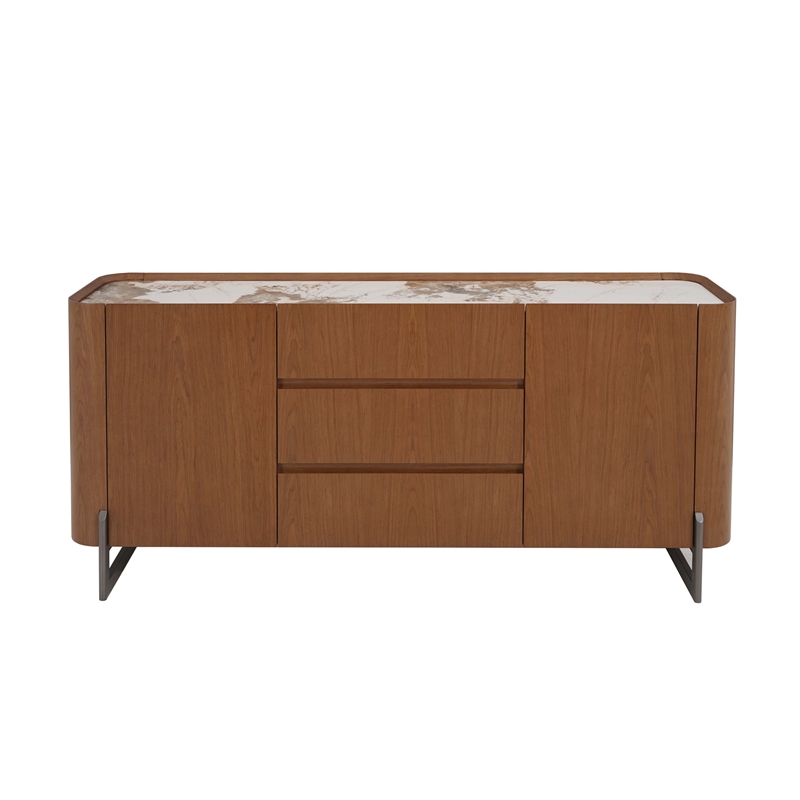 Milan Runa Walnut Brown Modern 2-Door Wood Buffet with Ceramic Top & Steel Legs