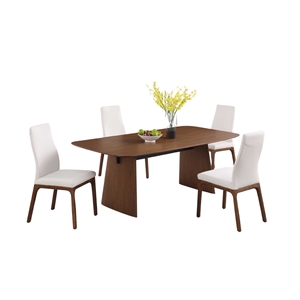Milan Ethan-Rosa Modern Dining Set w/ Walnut Table & White Leather Wood Chairs