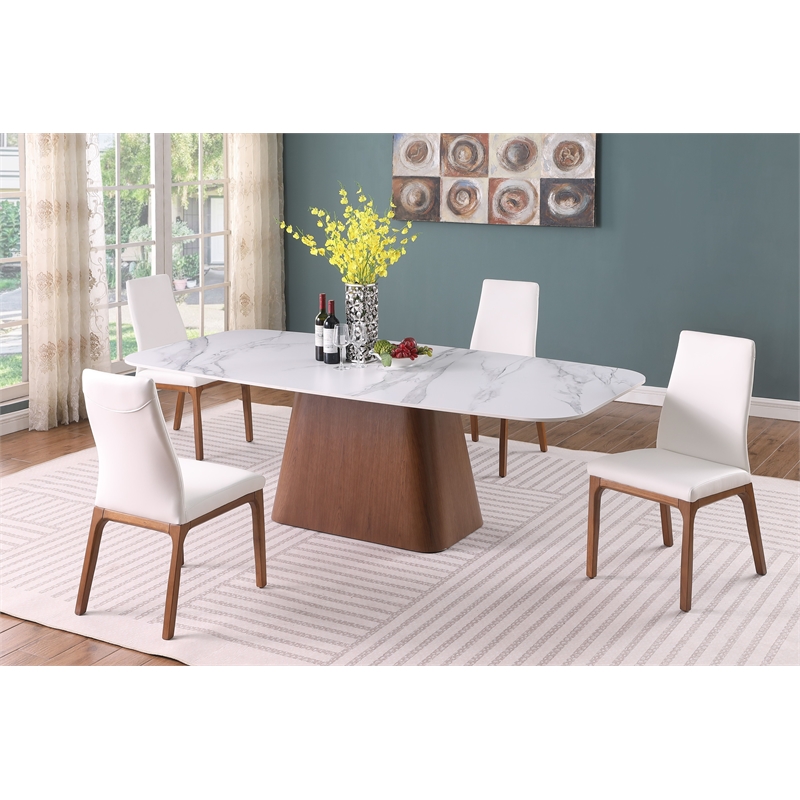 Milan Kenny Modern Dining Set w/ White Marbleized Table & Walnut Wood Chairs