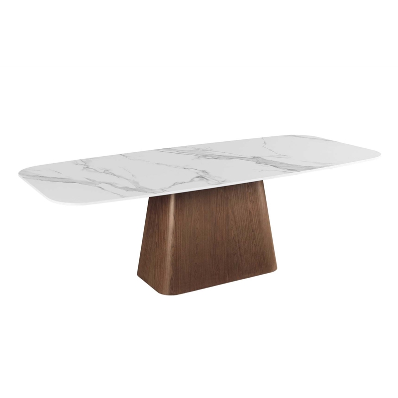 Milan Kenny Modern Dining Set w/ White Marbleized Table & Walnut Wood Chairs