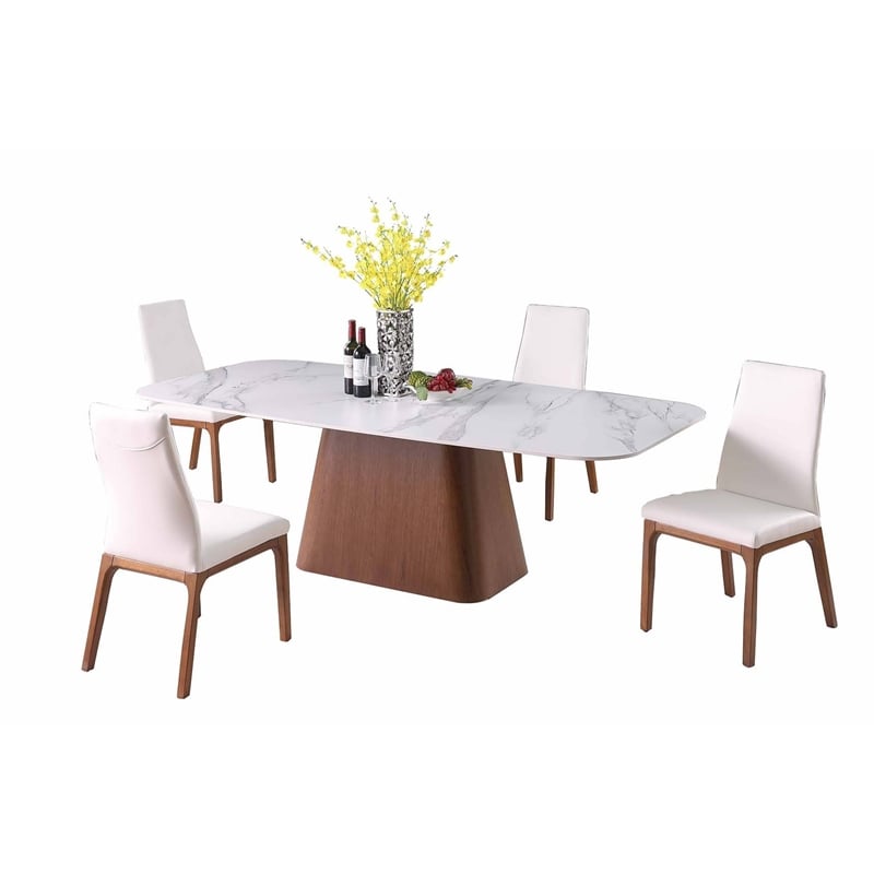 Milan Kenny Modern Dining Set w/ White Marbleized Table & Walnut Wood Chairs