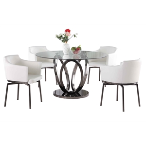 Milan Lyn Denise Dining Set w/ Glass Table & White Faux Leather Chairs