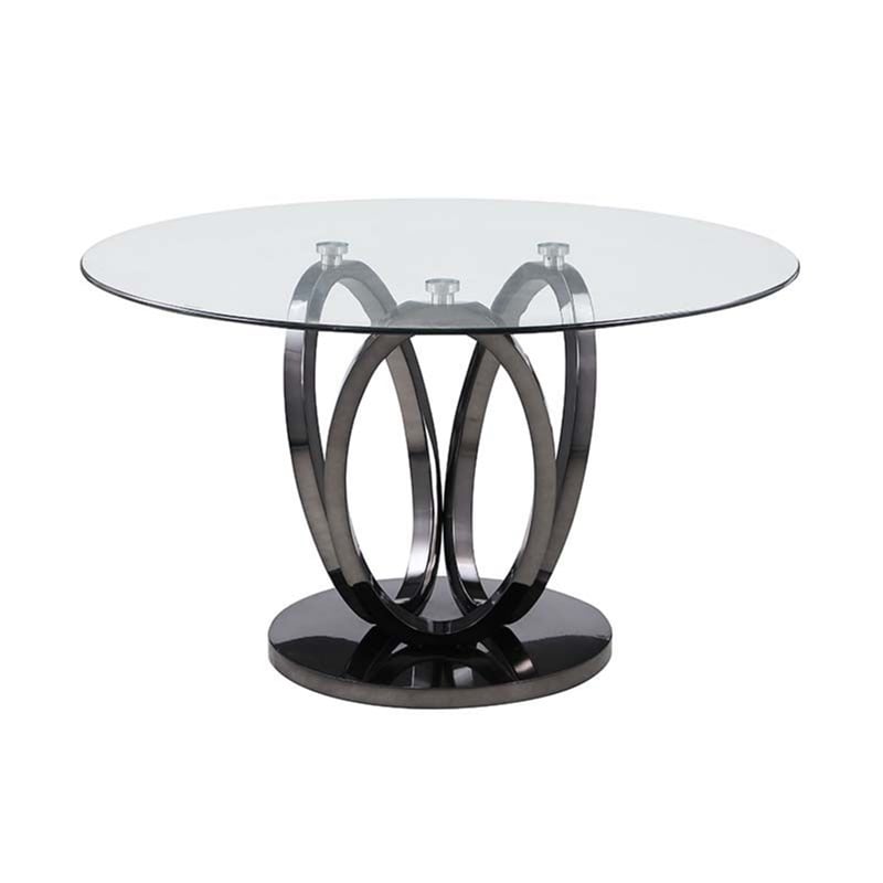 Milan Lyn Round Glass Dining Table w/ Graphite Gray 3-Ring Steel Base