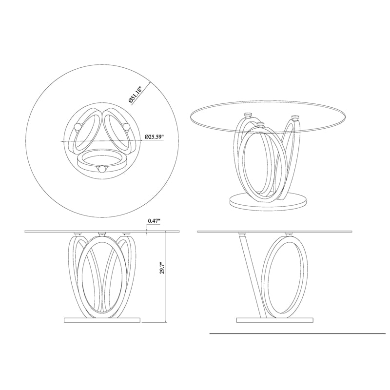 Milan Lyn Round Glass Dining Table w/ Graphite Gray 3-Ring Steel Base