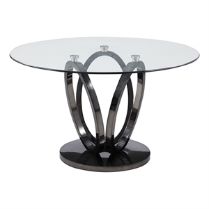 Milan Lyn Round Glass Dining Table w/ Graphite Gray 3-Ring Steel Base