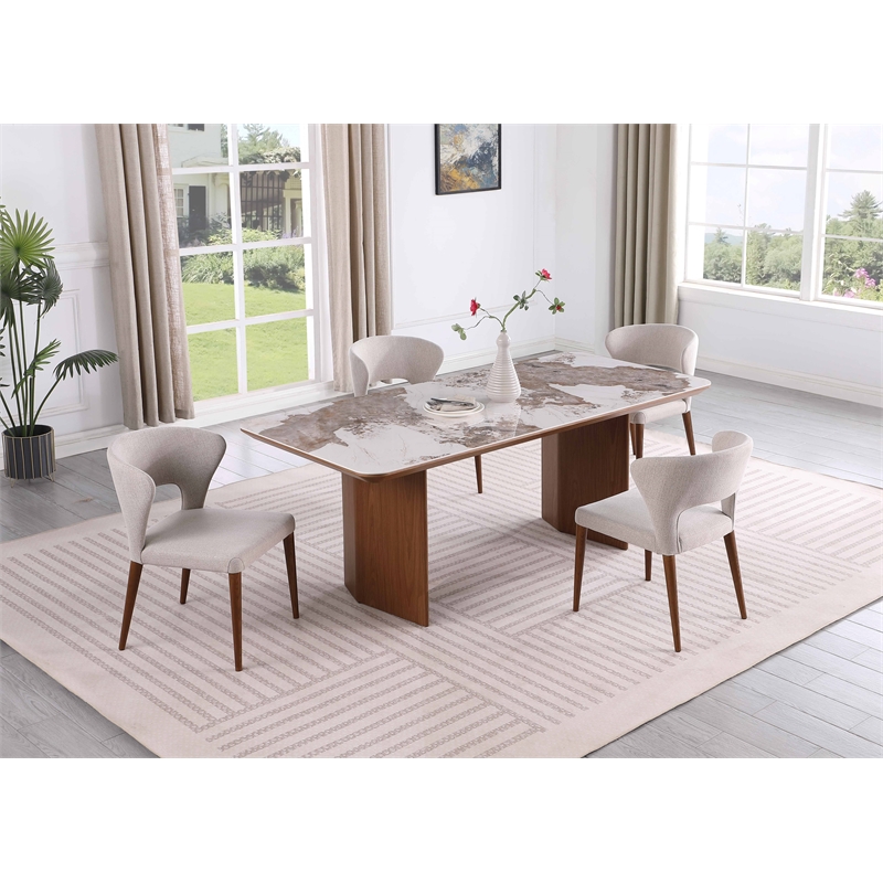 Milan Runa-Robbie Modern Dining Set w/ Ceramic Top Table & Taupe Chairs