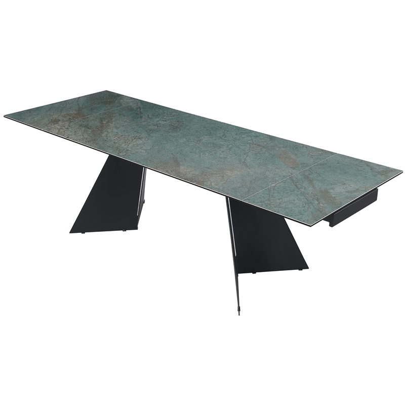 Milan Henner Extendable Dining Table w/ Green Ceramic Top & Black Steel Base