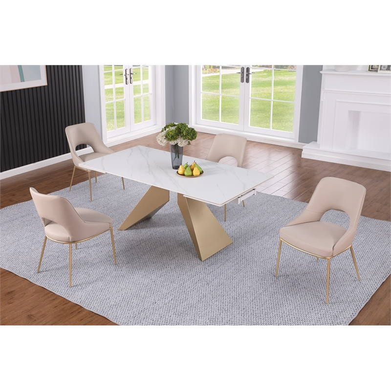 Milan Amaire Contemporary Dining Set w/ Matte White Ceramic Table & Beige Chairs