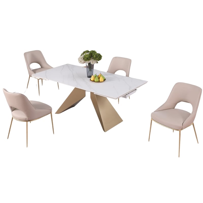 Milan Amaire Contemporary Dining Set w/ Matte White Ceramic Table & Beige Chairs