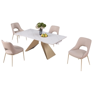 Milan Amaire Contemporary Dining Set w/ Matte White Ceramic Table & Beige Chairs