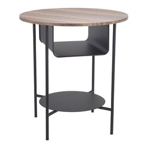 privilege round modern metal accent table with shelve and wood top in black