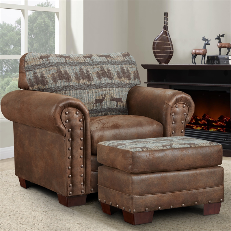 American Furniture Classics 8500-90 Deer Teal/Brown Tapestry Lodge Ottoman