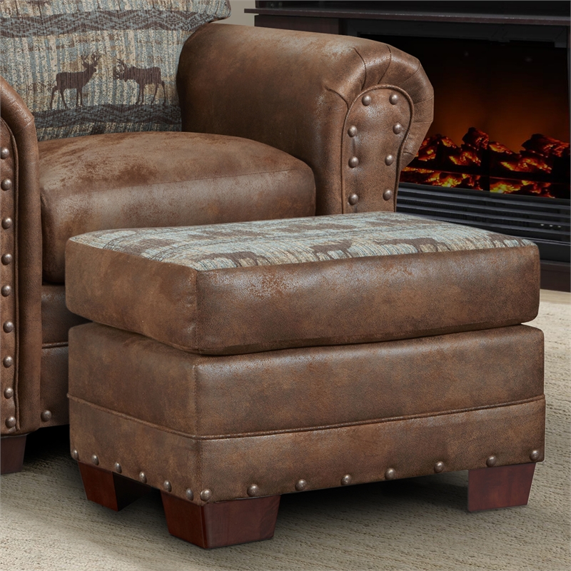 American Furniture Classics 8500-90 Deer Teal/Brown Tapestry Lodge Ottoman