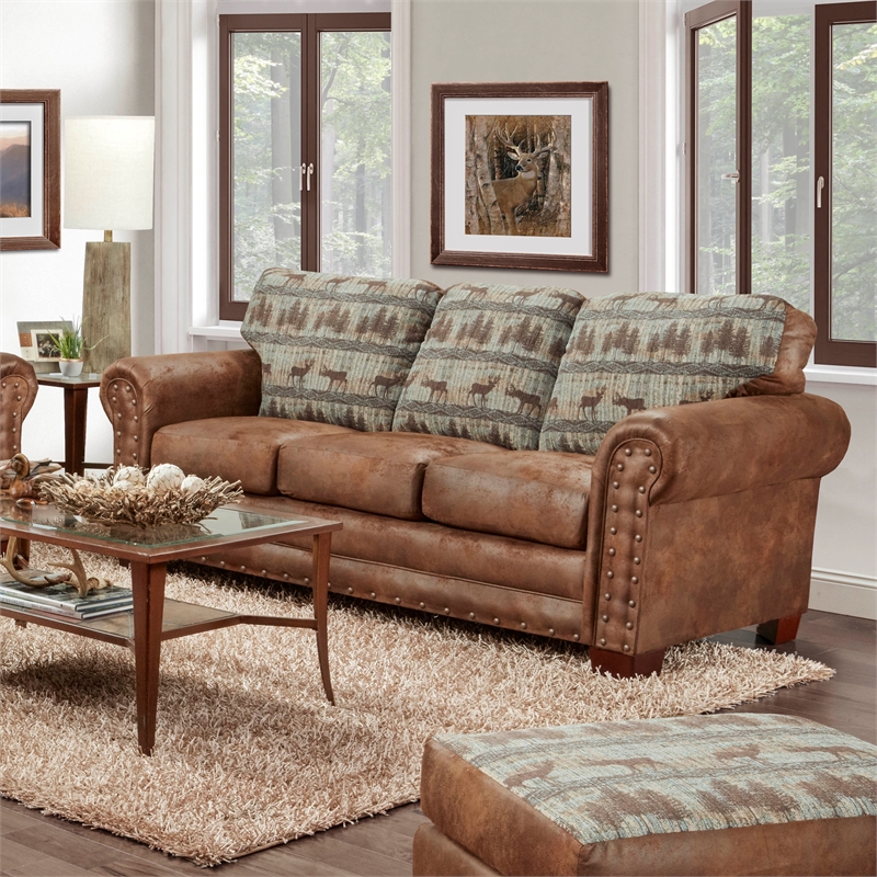 American Furniture Classics 8503-90 Deer Teal/Brown Lodge Tapestry Sofa