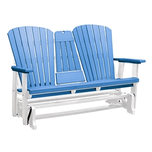 Two Seat Fan Back Glider with Drop Down Table/Cup Holder in Blue/White