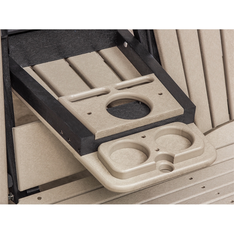 Two Seat Fan Back Glider with Drop Down Table/Cup Holder in Weatherwood/Black