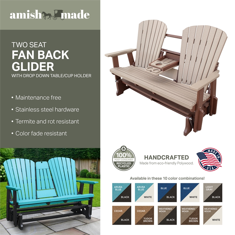 Two Seat Fan Back Glider with Drop Down Table/Cup Holder in Cedar/Black