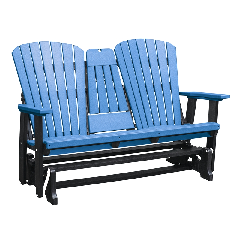 Two Seat Fan Back Glider with Drop Down Table/Cup Holder in Blue/Black