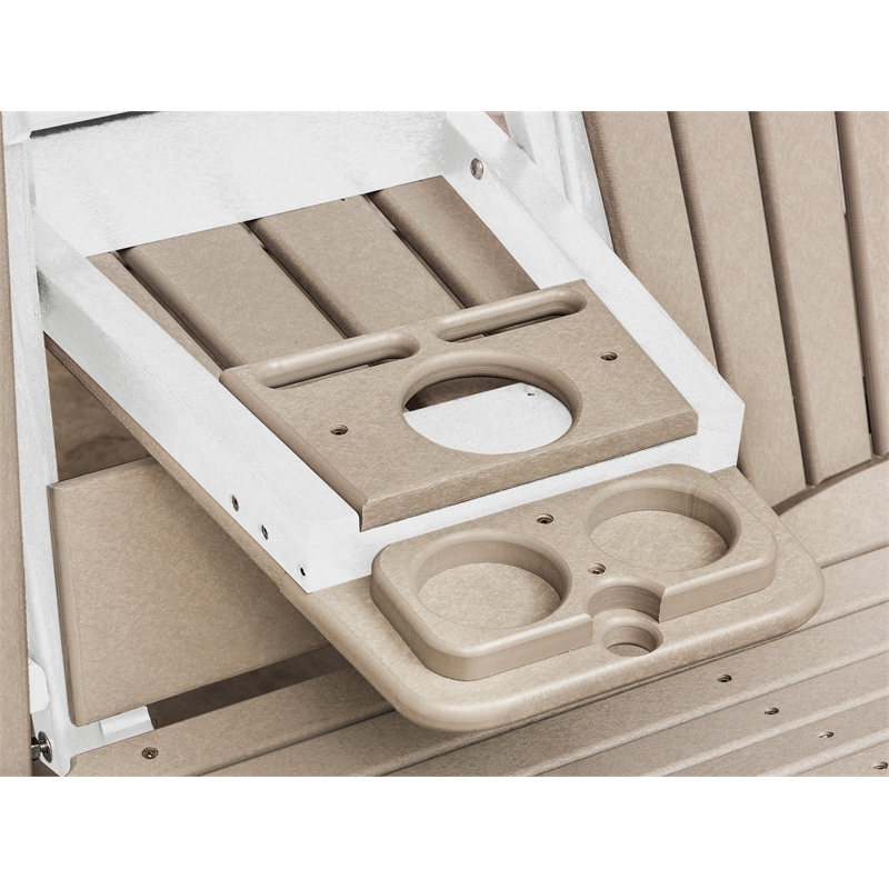 Two Seat Fan Back Glider with Drop Down Table/Cup Holder in Weatherwood/White