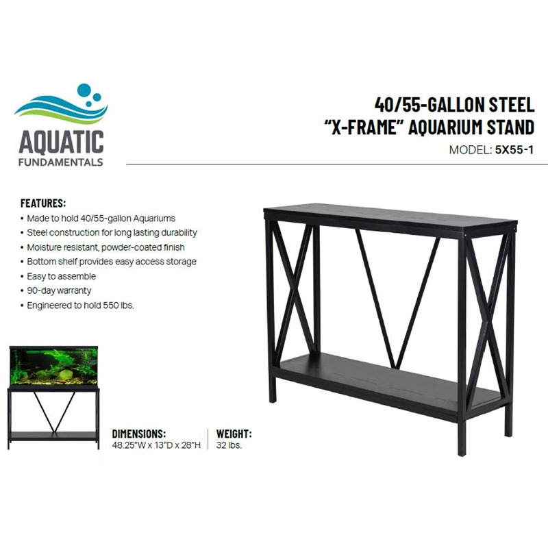 Aquatic Fundamentals 40/55 Gallon Steel X Frame Aquarium Stand with lower shelf
