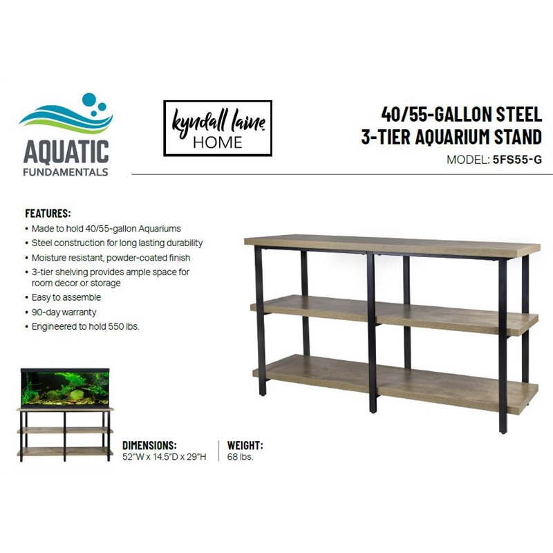 Aquatic Fundamentals 40/55 Gallon 3-Tier Aquarium Stand Gray Wash