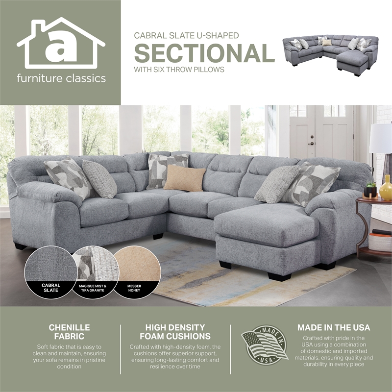 American Furniture Classics Cabral Slate U Shaped Sectional with 6 Throw Pillows