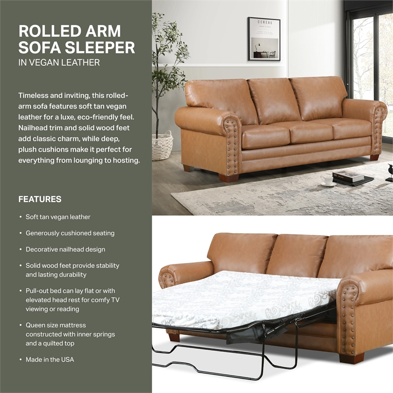 American Furniture Classics Vegan Leather Rolled Arm Sleeper Sofa