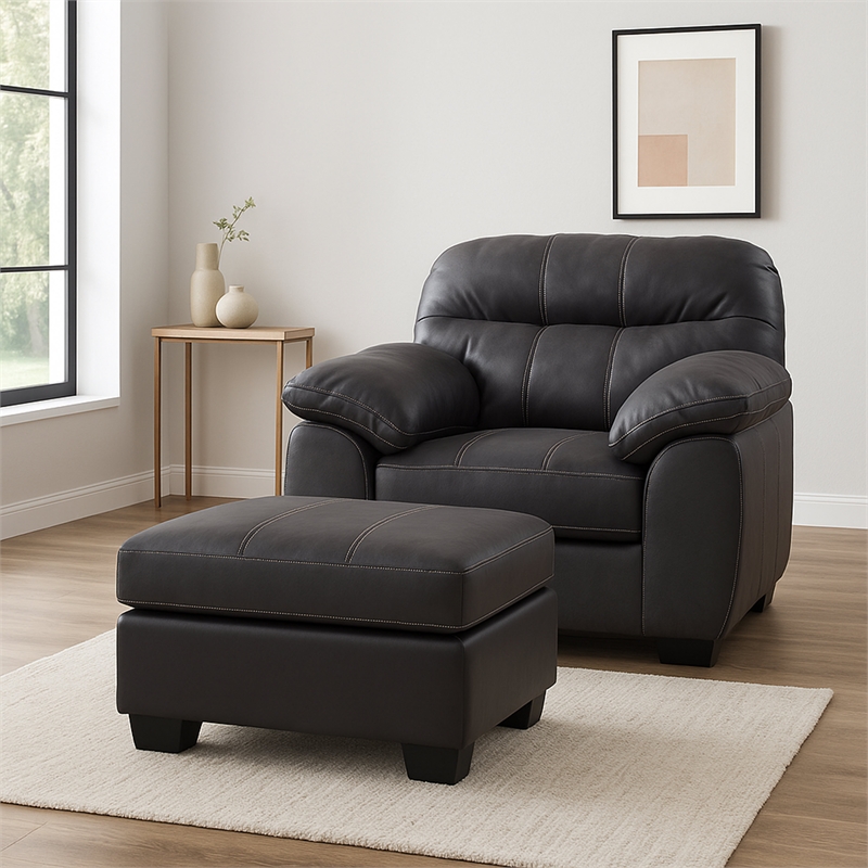 American Furniture Classics Black Vegan Leather Armchair with Matching Ottoman
