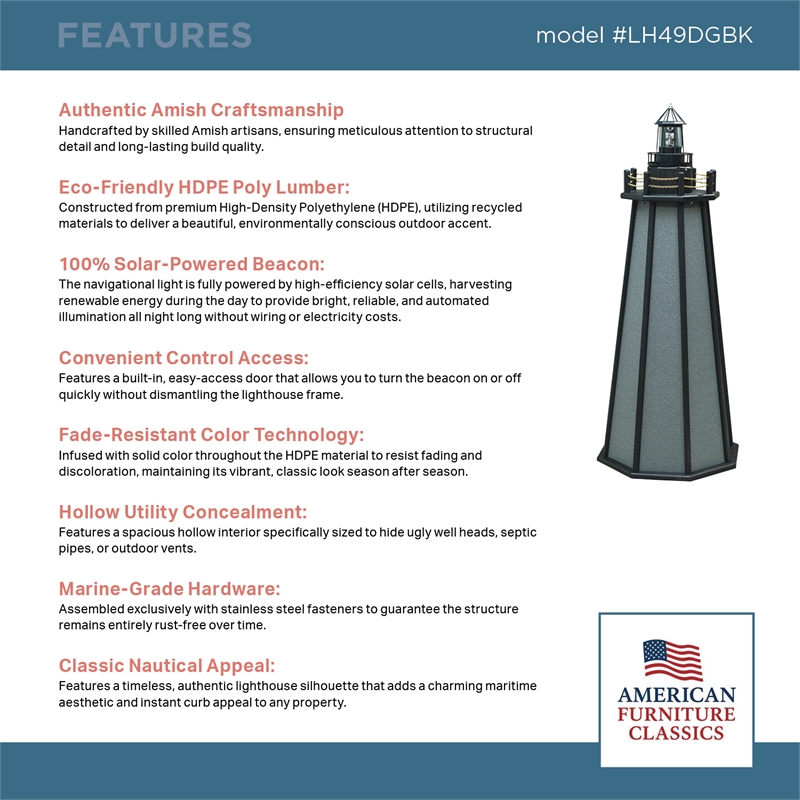 4 Ft High Density Polyethylene Outdoor Solar Lighthouse in Gray and Black