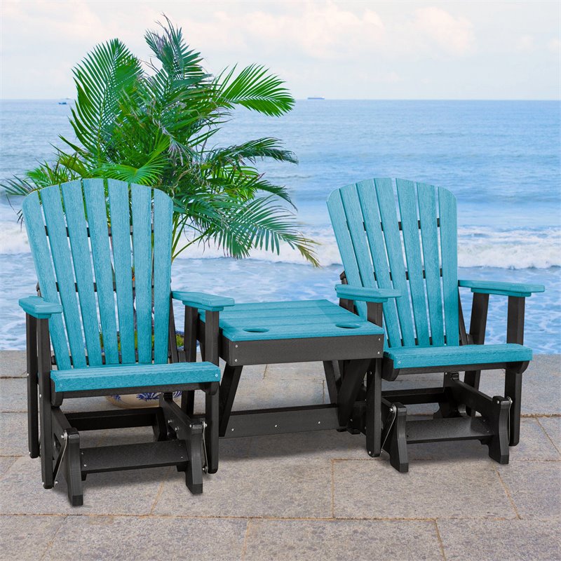 OS Home and Office Furniture Resin Double Glider w/Center Table in Black/Blue