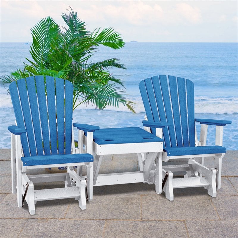 OS Home and Office Furniture Resin Double Glider w/Center Table in Blue/White
