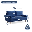 69 Inch Wide Upholstered Two Cushion Sofa with Bolster Pillows in Blue Velvet
