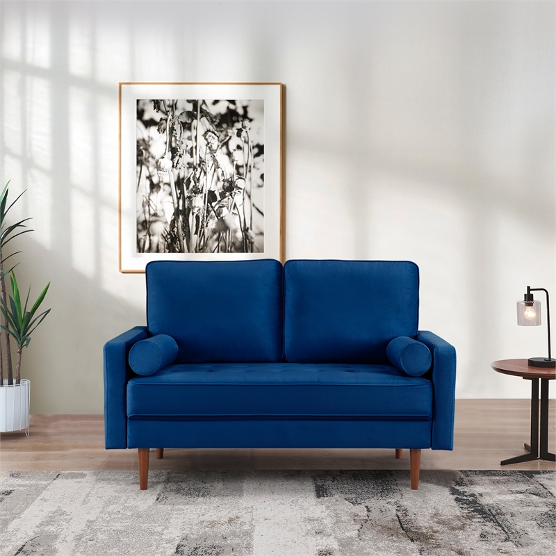57 Inch Wide Upholstered Two Cushion Loveseat w/ Bolster Pillows in Blue Velvet