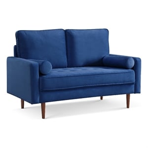 57 Inch Wide Upholstered Two Cushion Loveseat w/ Bolster Pillows in Blue Velvet