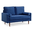 57 Inch Wide Upholstered Two Cushion Loveseat w/ Bolster Pillows in Blue Velvet