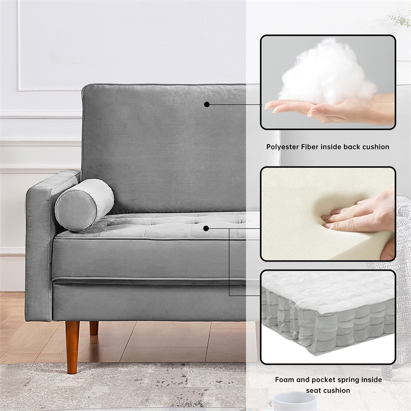 57 Inch Wide Upholstered Two Cushion Loveseat w/ Bolster Pillows in Grey Velvet