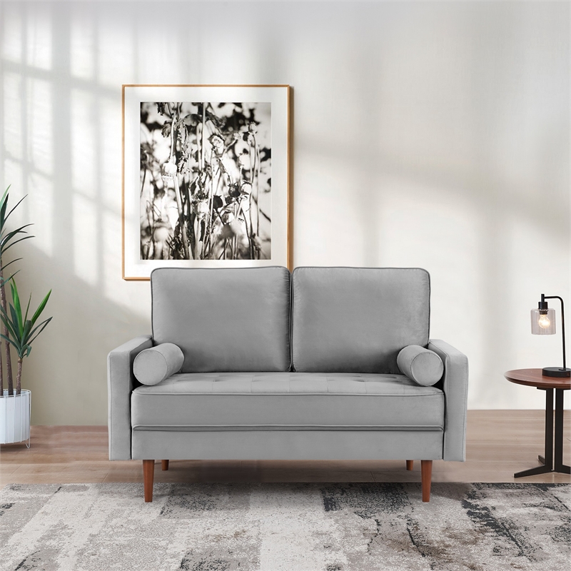 57 Inch Wide Upholstered Two Cushion Loveseat w/ Bolster Pillows in Grey Velvet