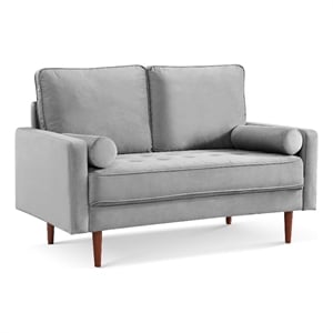 57 Inch Wide Upholstered Two Cushion Loveseat w/ Bolster Pillows in Grey Velvet