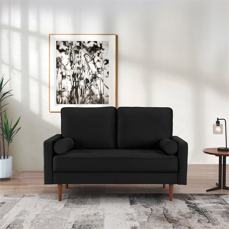 57 Inch Wide Upholstered Two Cushion Loveseat w/ Bolster Pillows in Black Velvet