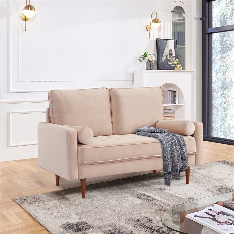 57 Inch Wide Upholstered Two Cushion Loveseat w/ Bolster Pillows in Beige Velvet