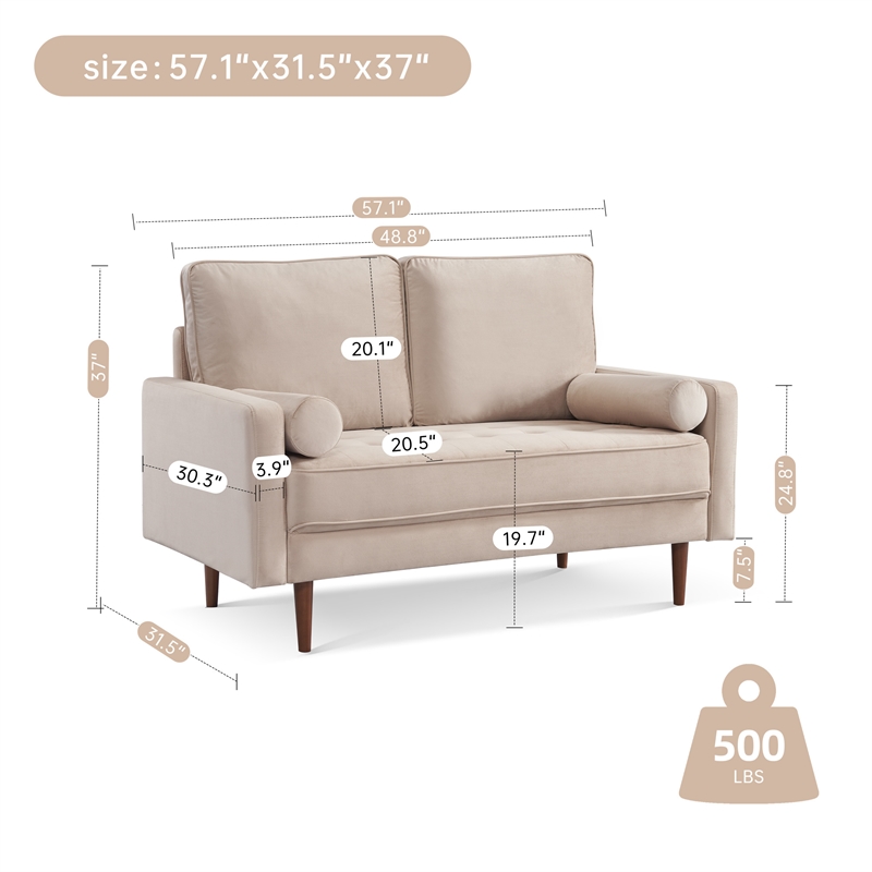 57 Inch Wide Upholstered Two Cushion Loveseat w/ Bolster Pillows in Beige Velvet