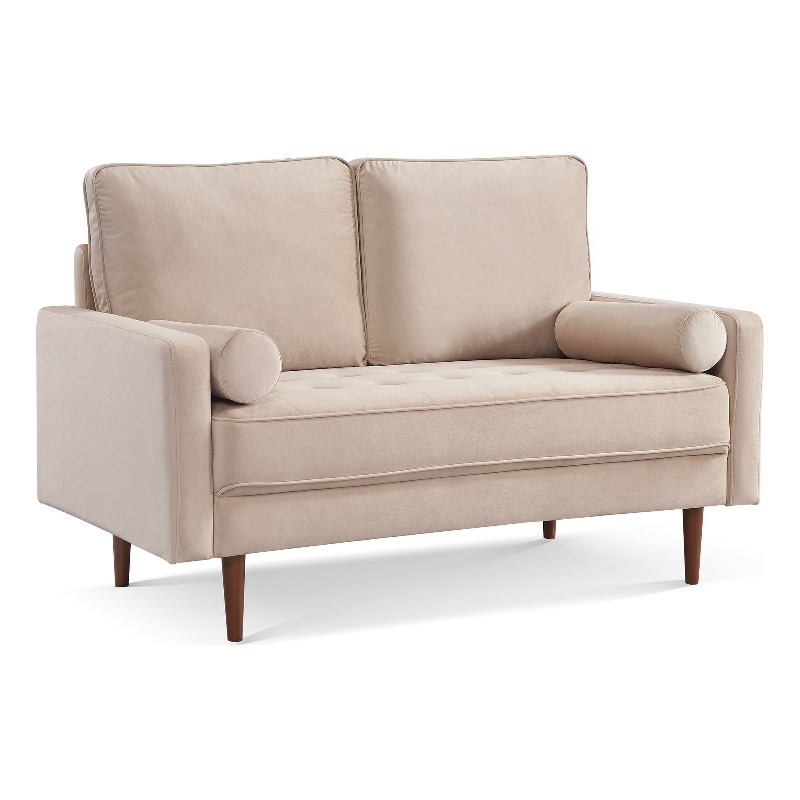 57 Inch Wide Upholstered Two Cushion Loveseat w/ Bolster Pillows in Beige Velvet