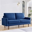 69 Inch Wide Upholstered Two Cushion Sofa with Square Arms in Blue Velvet
