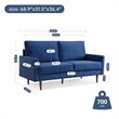 69 Inch Wide Upholstered Two Cushion Sofa with Square Arms in Blue Velvet